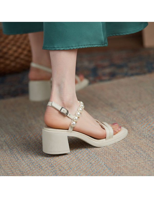 New open toe sandals in summer 2021 women's Retro thick heel high heels sweet pearl one-line belt women's sandals