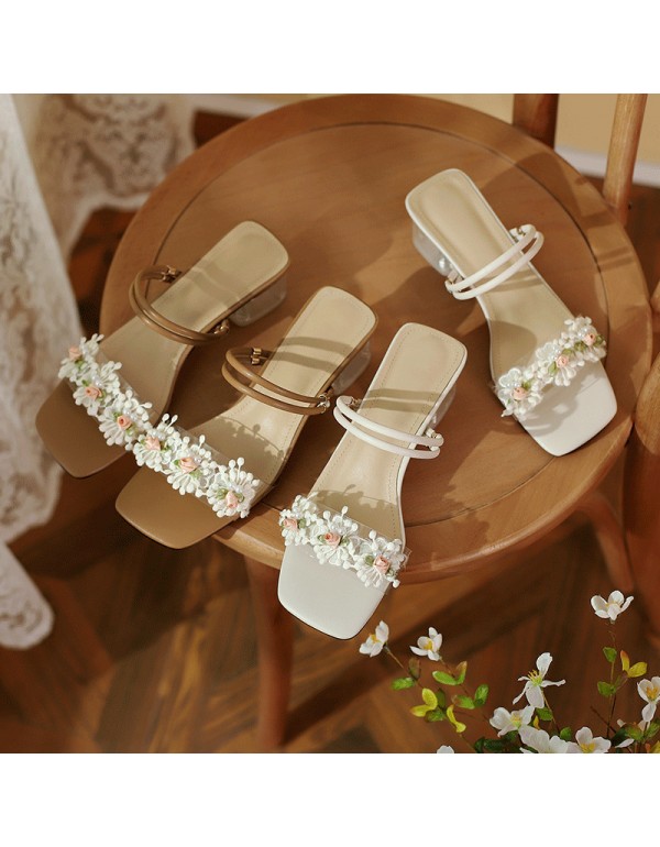 Sandals 2021 new fairy fashion simple soft sole one shoe two flowers transparent thick heel one word slippers