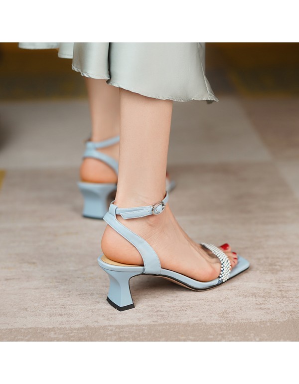 2021 spring and summer new one simple lady high-heeled sandals with square head and open toe one line buckle women's sandals