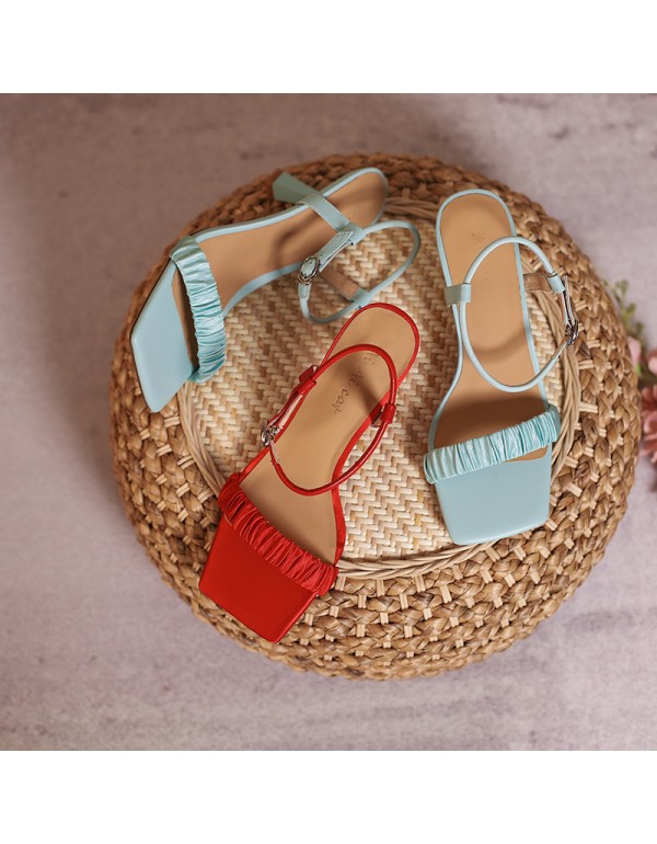 Pleated one-line sandals women's summer and Korean version simple thin high heels 2021 new open toe square head one-line buckle