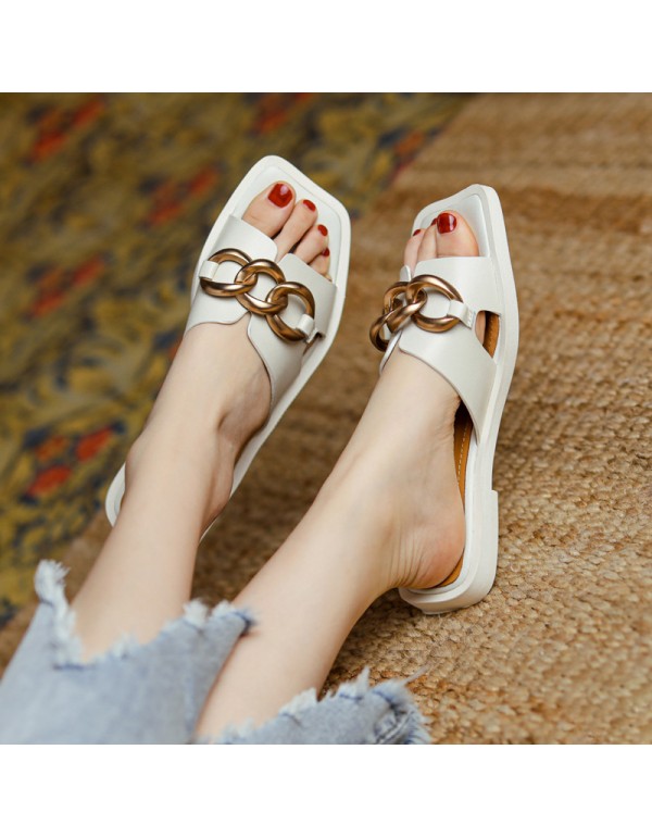 Fairy style metal accessories sandals women wear out 2021 summer new Korean lazy comfortable flat bottomed beach shoes