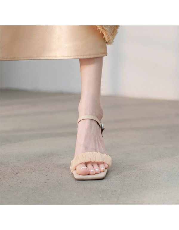 Ximan 2021 summer new one line mesh sandals women's thin heels retro temperament fairy style square head high heels