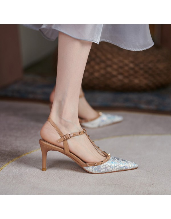 2021 summer new fishskin rivet pointed high heels with one-line buckle and fine heel cowhide wrapped sandals women's shoes