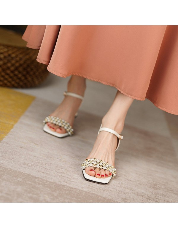 Small fresh pearl flat belt sandals thick heels new style square head open toe simple fairy high heels in summer 2021