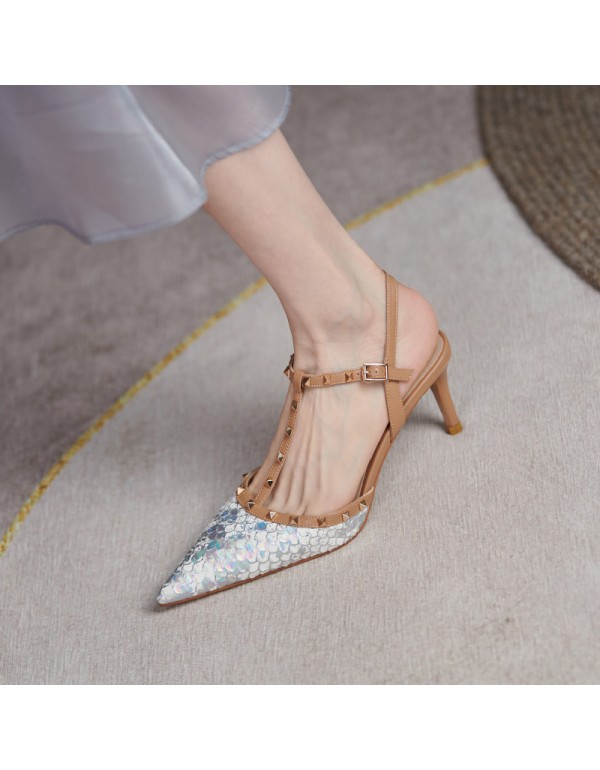 2021 summer new fishskin rivet pointed high heels with one-line buckle and fine heel cowhide wrapped sandals women's shoes