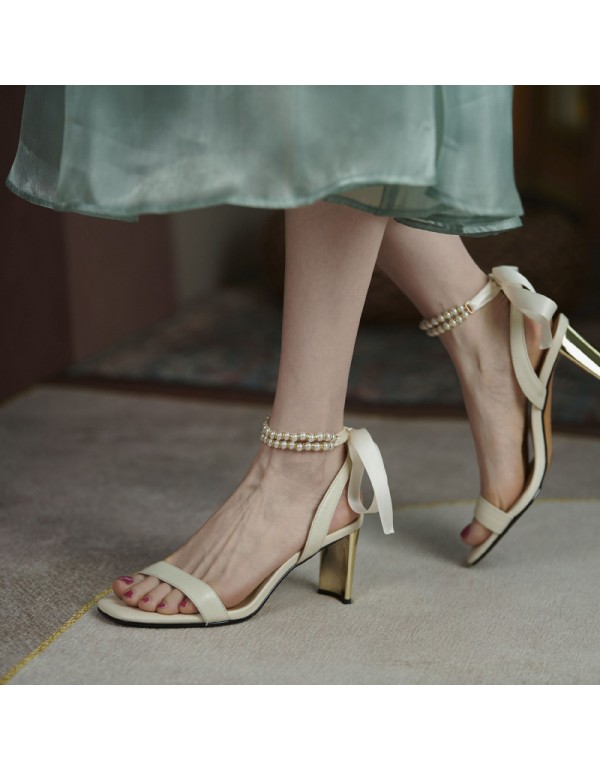Net red thick heel sandals fairy style 2021 summer new fashion pearl bow temperament Roman high heels 