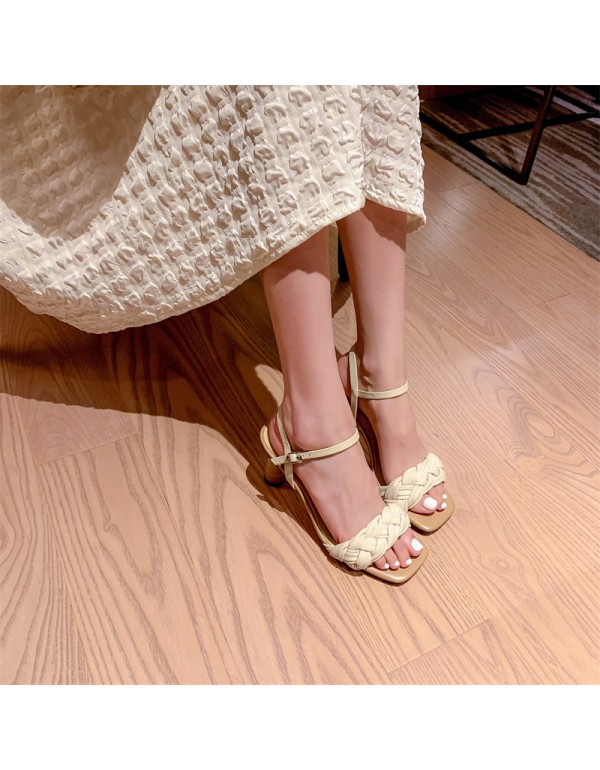 2021 summer new one line braided high-heeled thick heels with braided braids ins Korean version net red women's high-heeled sandals