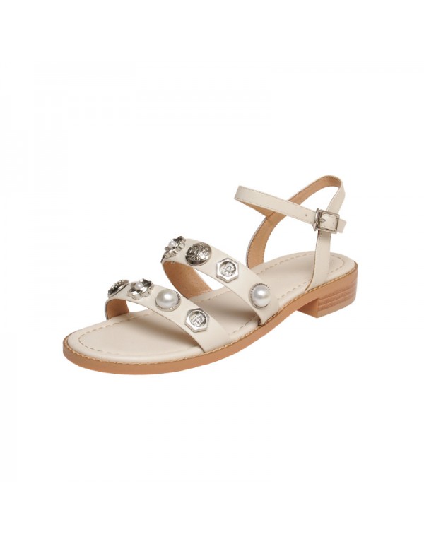 Summer 2021 new metal open toe sandals women's sweet pearl flat heels fairy gentle sandals