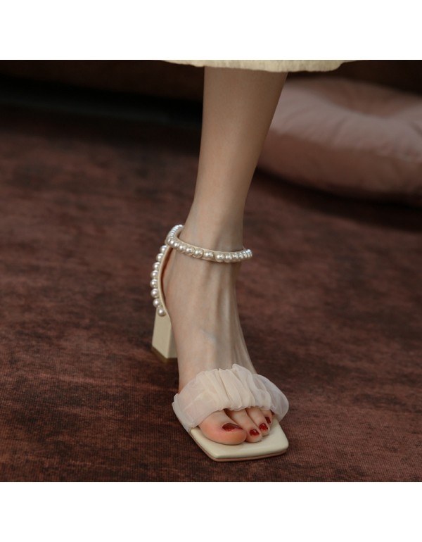 Gauze French pearl one line Roman sandals with thick heels 2021 summer new cowhide high heels square headed fairy women's shoes 