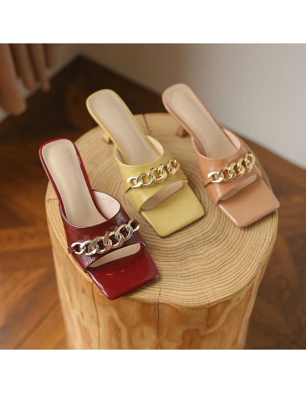 Metal square head thin heel open toe half slippers wear sandals outside simple Korean high heels women's new summer 2021