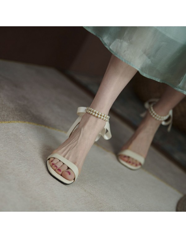 Net red thick heel sandals fairy style 2021 summer new fashion pearl bow temperament Roman high heels 