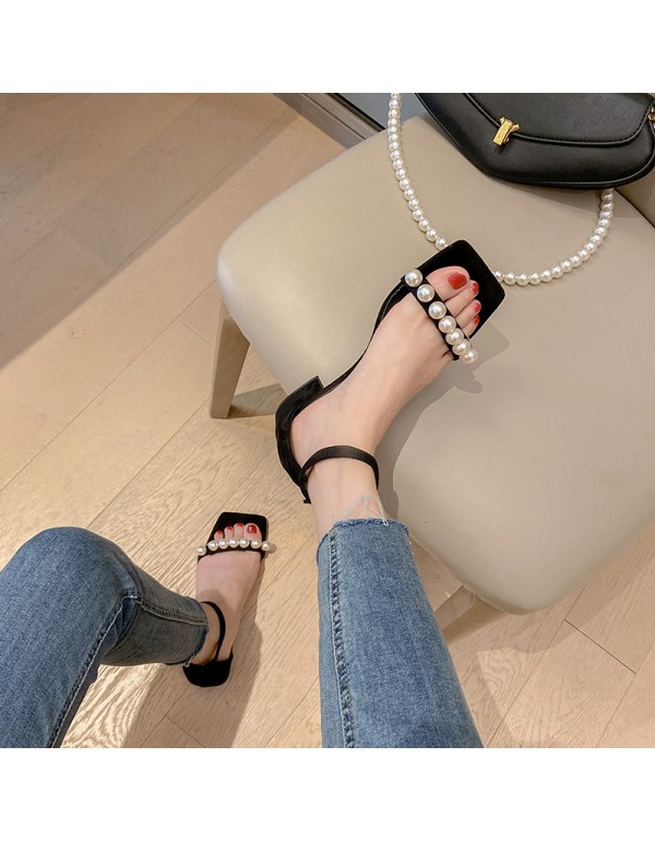 One line sandals 2021 new female summer net red fashion medium heel casual Beaded fairy style thick heel Roman shoes