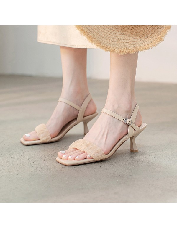 Ximan 2021 summer new one line mesh sandals women's thin heels retro temperament fairy style square head high heels