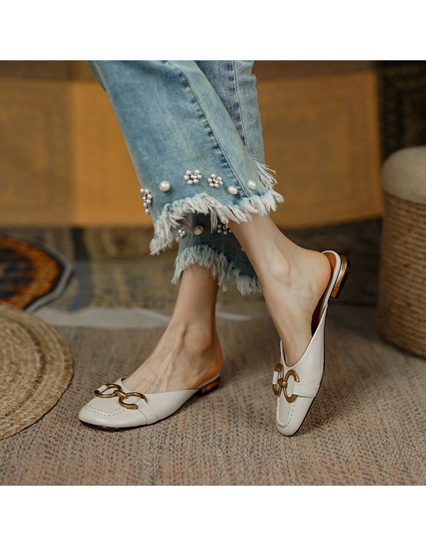 French retro Baotou slippers women's summer outer middle heel 2021 new square head lazy Muller flat heel half support
