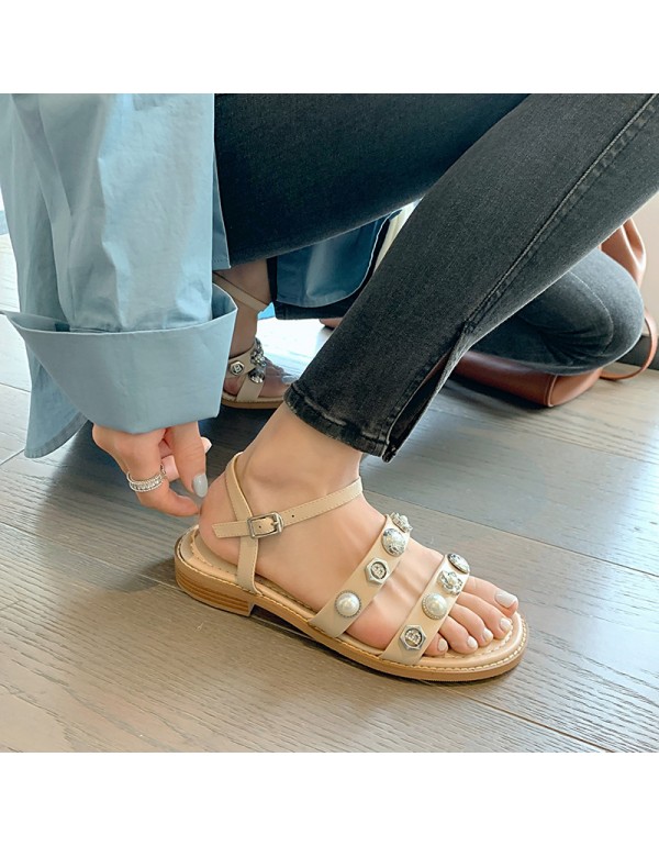 Summer 2021 new metal open toe sandals women's sweet pearl flat heels fairy gentle sandals