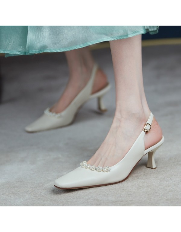 2021 spring and summer new Baotou sandals women's simple pearl purple middle heel thin heel back trip strap simple women's shoe buckle
