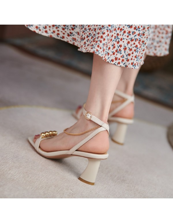 French special-shaped high-heeled sandals T-shaped buckle pearl chain women's shoes summer middle heel Mary Jane shoes fashion