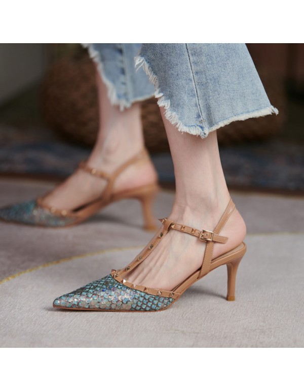 2021 summer new fishskin rivet pointed high heels with one-line buckle and fine heel cowhide wrapped sandals women's shoes