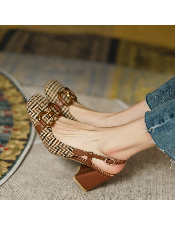 French retro Plaid high-heeled sandals women's spring and summer 2021 small fragrance square head horse rank buckle Baotou thick heel shoes