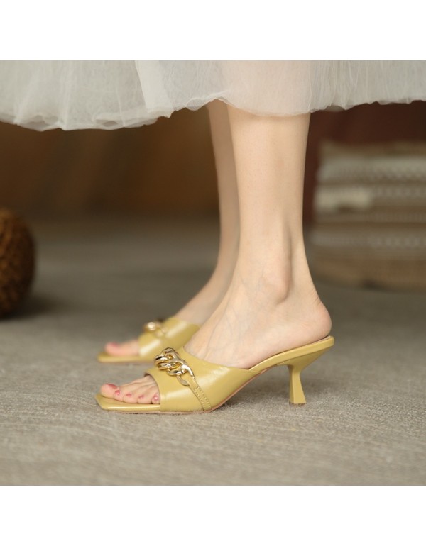 Metal square head thin heel open toe half slippers wear sandals outside simple Korean high heels women's new summer 2021