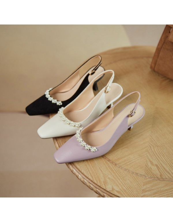 2021 spring and summer new Baotou sandals women's simple pearl purple middle heel thin heel back trip strap simple women's shoe buckle