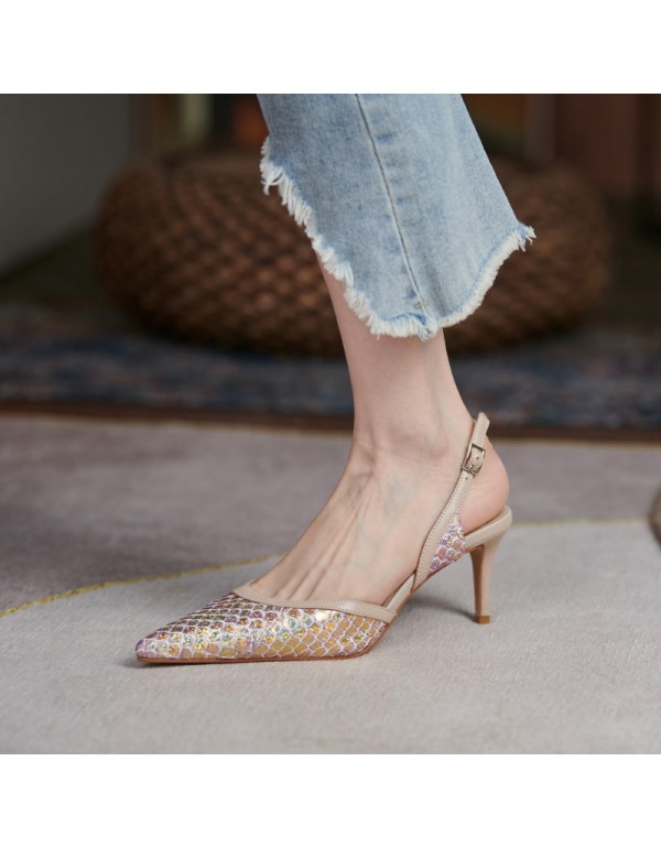 2021 new French one line buckle with thin heel pointed shallow mouth high heels summer hollow Baotou women's sandals