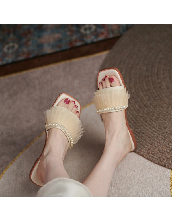 2021 spring and summer new simple lace flat bottom low heel open toe slippers simple pearl temperament women's slippers