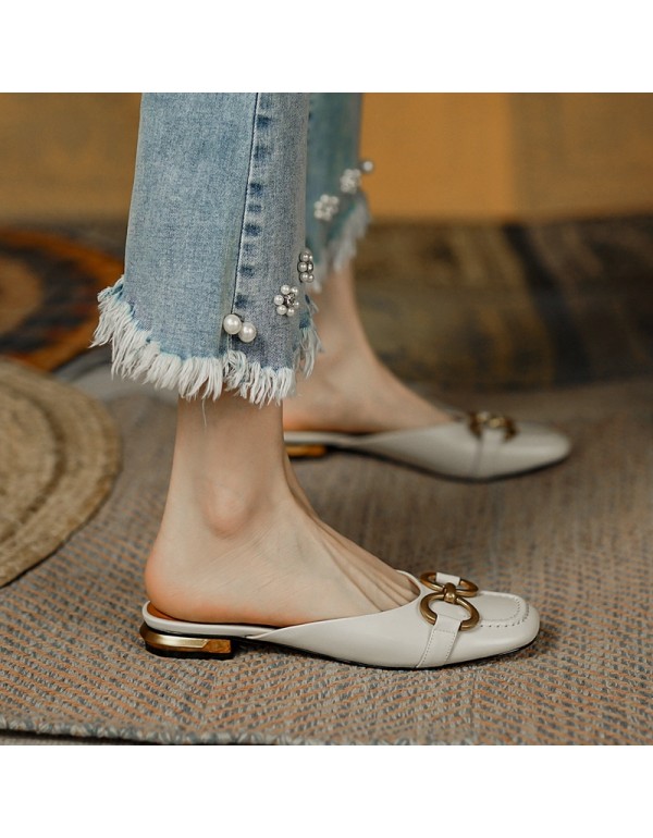 French retro Baotou slippers women's summer outer middle heel 2021 new square head lazy Muller flat heel half support