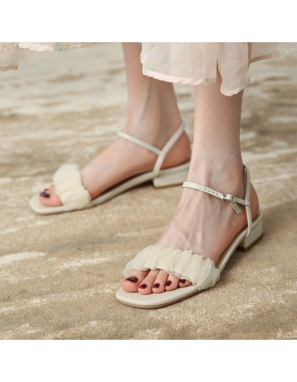 2021 summer new sandals fairy wind gauze sandals round head low heel square head ins Korean style one-sided belt shoes