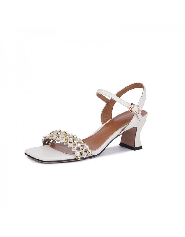 Small fresh pearl flat belt sandals thick heels new style square head open toe simple fairy high heels in summer 2021