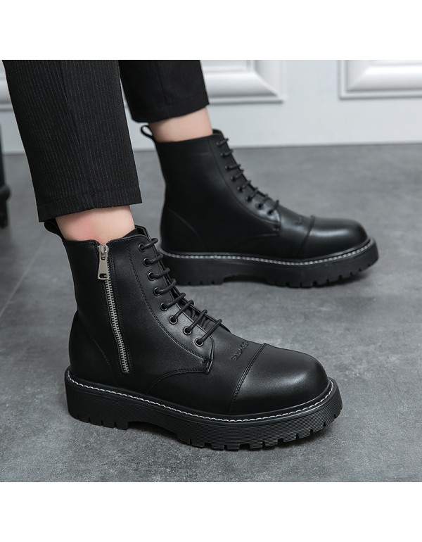 European station men's leather shoes round head lace up thick soled shoes muffin soled casual shoes Korean daddy shoes fashion men's shoes low top 