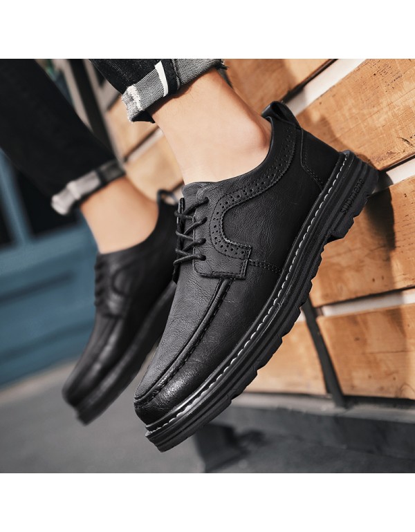 Casual leather shoes men's shoes 2021 autumn new lace up soft leather muffin heel shoes inner high block shoes low top 