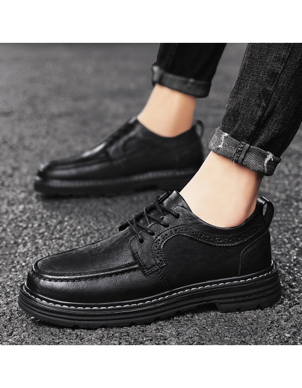 Casual leather shoes men's shoes 2021 autumn new lace up soft leather muffin heel shoes inner high block shoes low top 