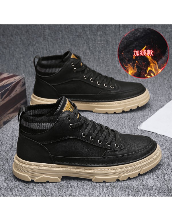 New British Style Men's work shoes autumn and winter Plush thick soled high top men's shoes outdoor warm Martin boots men's shoes 