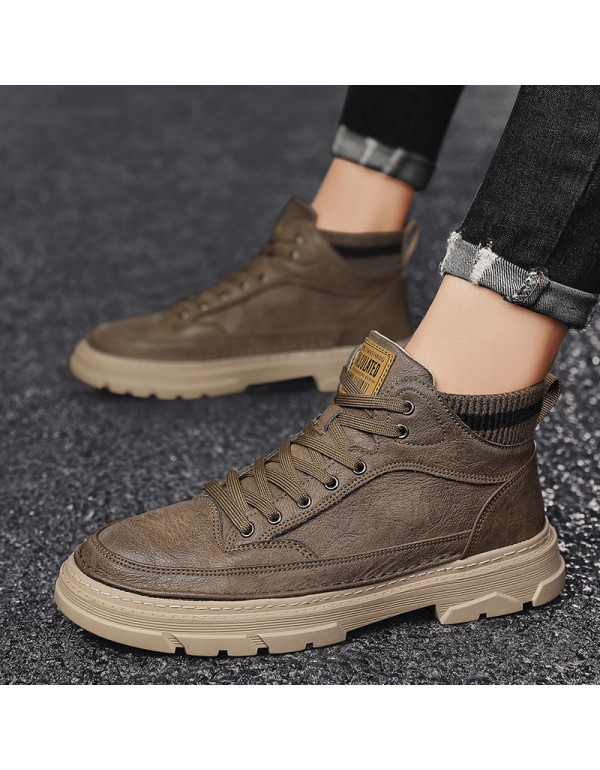 New British Style Men's work shoes autumn and winter Plush thick soled high top men's shoes outdoor warm Martin boots men's shoes 