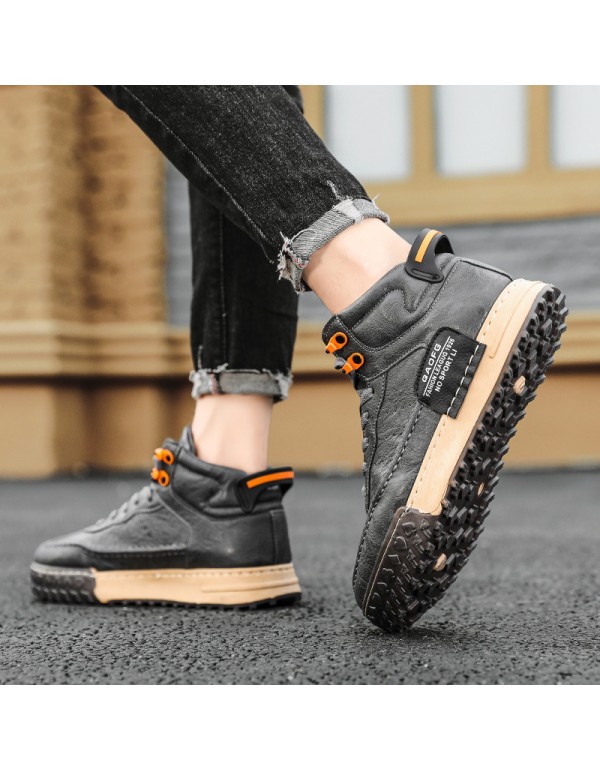 New leather Korean men's board shoes winter warm Retro High Top shoes men's trend youth fashion men's board shoes 