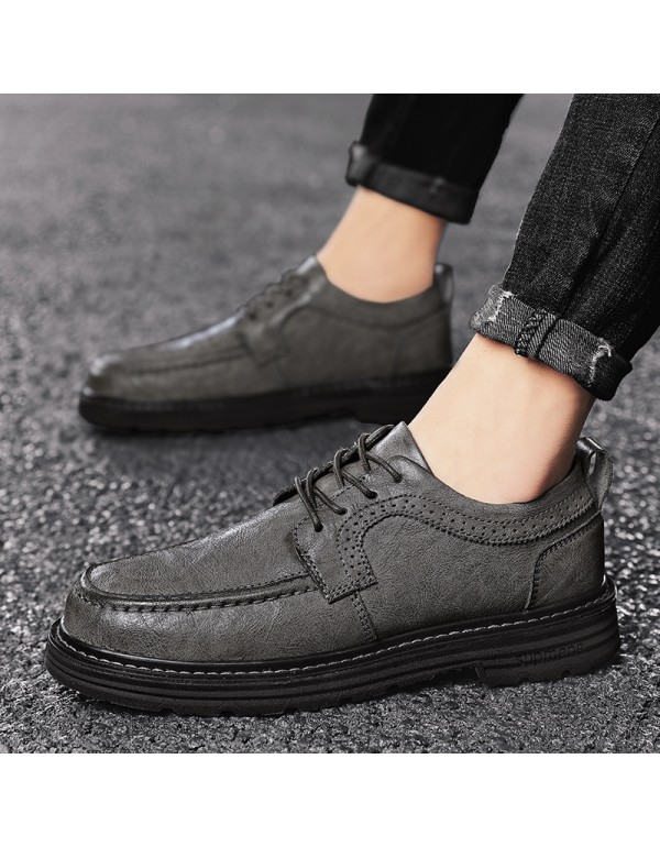 Casual leather shoes men's shoes 2021 autumn new lace up soft leather muffin heel shoes inner high block shoes low top 