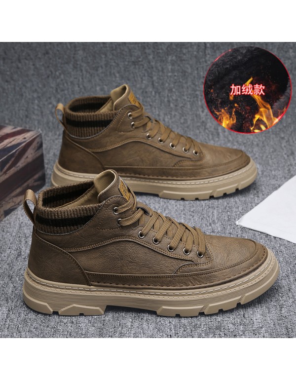 New British Style Men's work shoes autumn and winter Plush thick soled high top men's shoes outdoor warm Martin boots men's shoes 