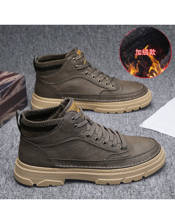 New British Style Men's work shoes autumn and winter Plush thick soled high top men's shoes outdoor warm Martin boots men's shoes 