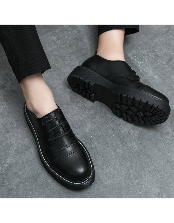 European station men's leather shoes round head lace up thick soled shoes muffin soled casual shoes Korean daddy shoes fashion men's shoes low top 