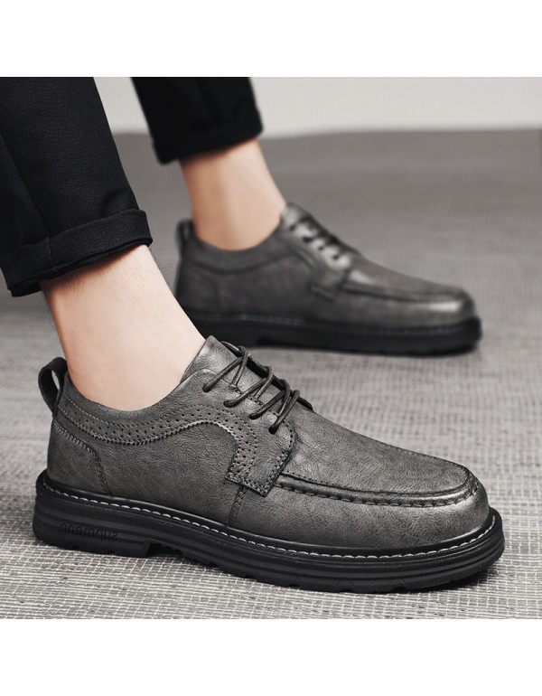 Casual leather shoes men's shoes 2021 autumn new lace up soft leather muffin heel shoes inner high block shoes low top 