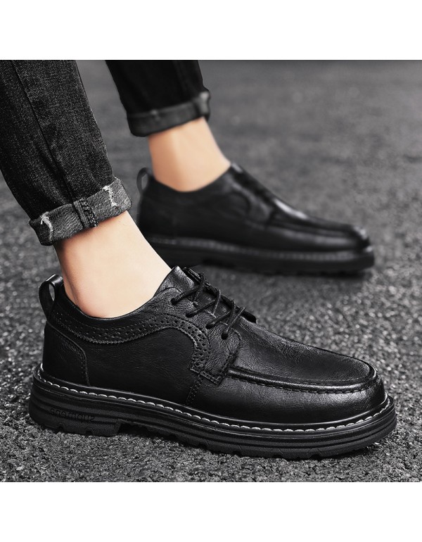 Casual leather shoes men's shoes 2021 autumn new lace up soft leather muffin heel shoes inner high block shoes low top 