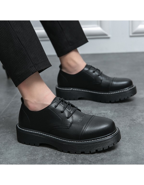 European station men's leather shoes round head lace up thick soled shoes muffin soled casual shoes Korean daddy shoes fashion men's shoes low top 