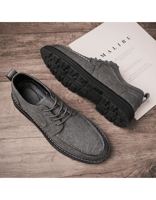 Casual leather shoes men's shoes 2021 autumn new lace up soft leather muffin heel shoes inner high block shoes low top 