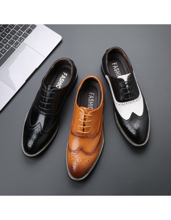 Remblock carved pointed leather shoes black and white stitched business leather shoes men's foreign trade large leather shoes 