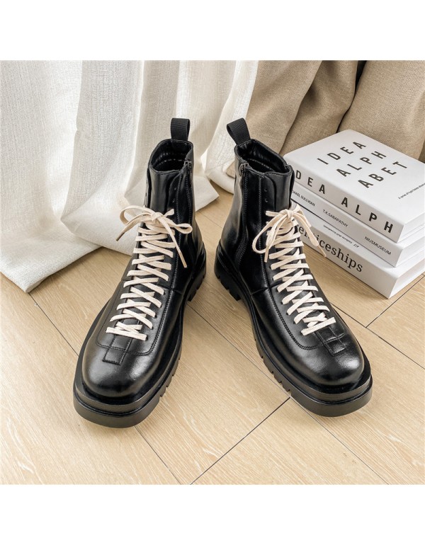 Black Martin boots men's high top British style medium top leather trendy shoes tooling thin in winter locomotive Leather Boots Men