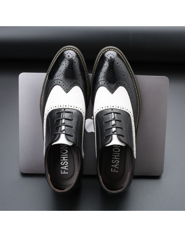Remblock carved pointed leather shoes black and white stitched business leather shoes men's foreign trade large leather shoes 