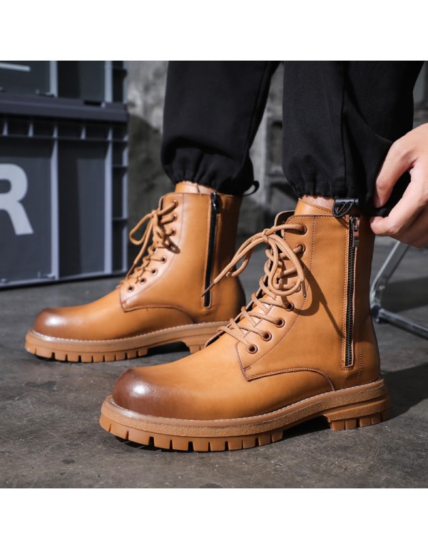 British style Martin boots men's cool side zipper leather work clothes motorcycle boots thick soled high top shoes