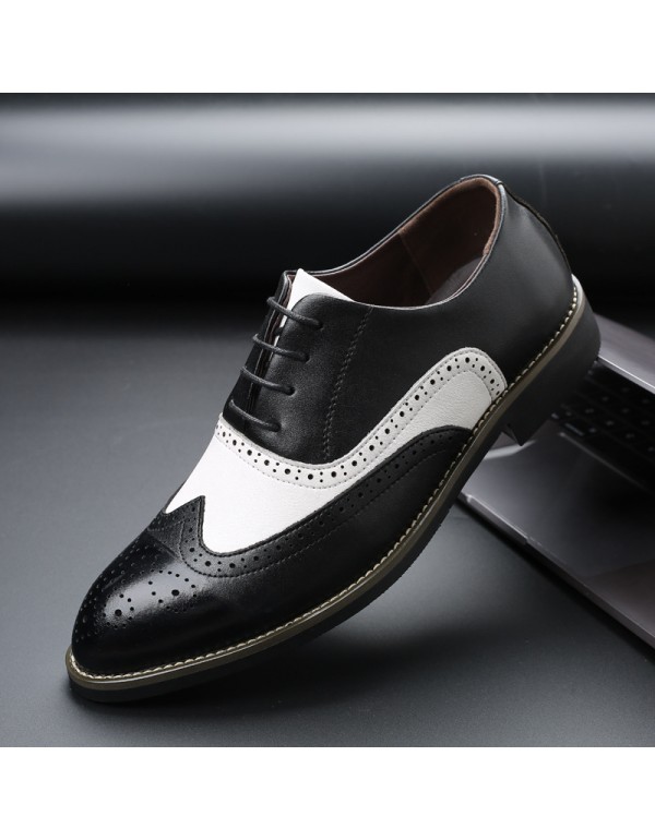 Remblock carved pointed leather shoes black and white stitched business leather shoes men's foreign trade large leather shoes 