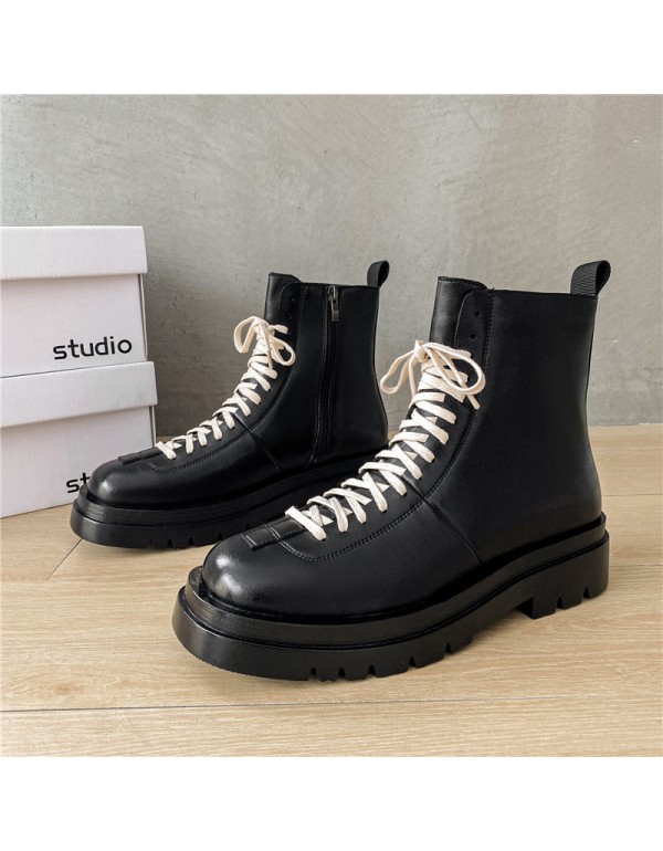 Black Martin boots men's high top British style medium top leather trendy shoes tooling thin in winter locomotive Leather Boots Men